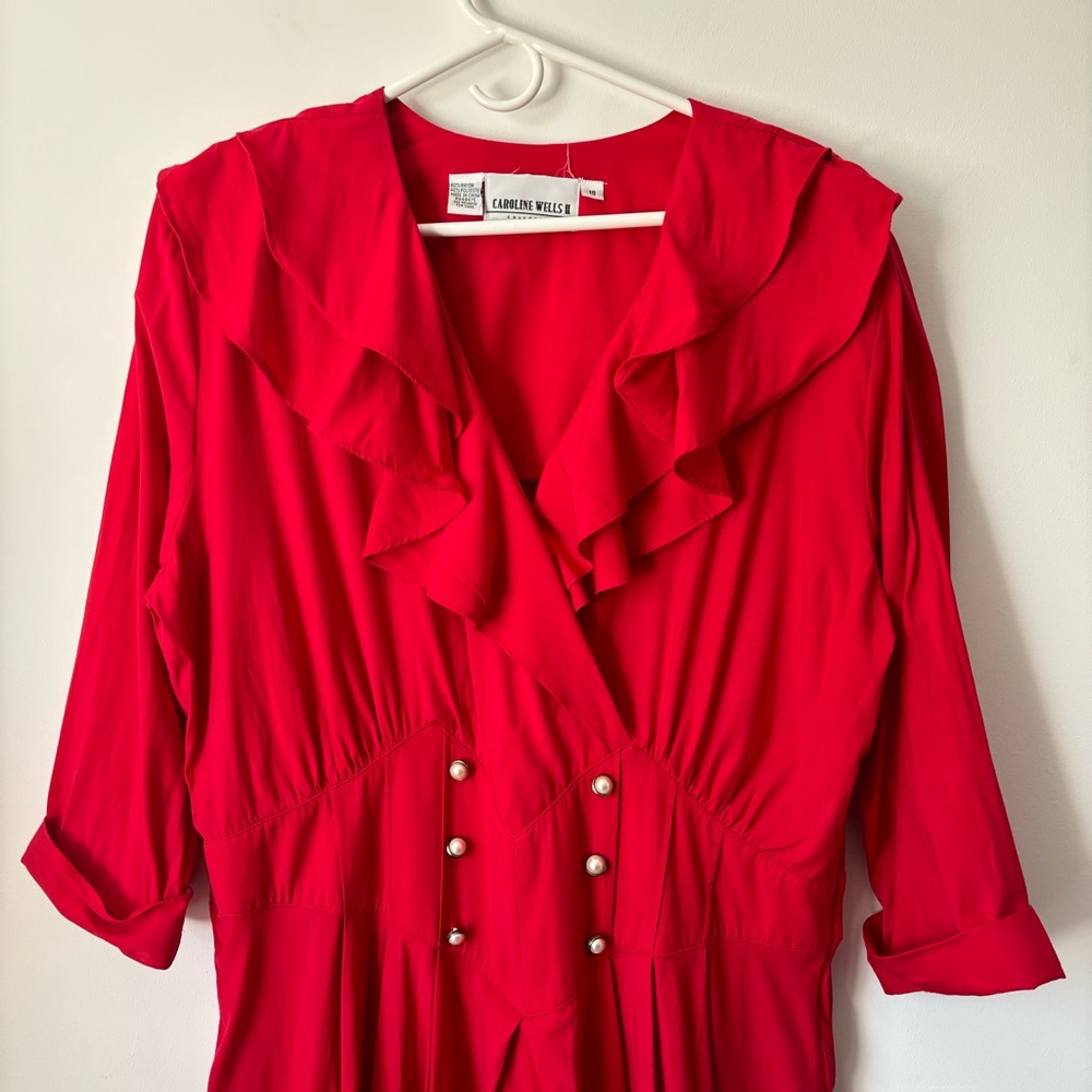 Vintage Caroline Wells Red Ruffle V-neck Dress - Picture 2 of 11